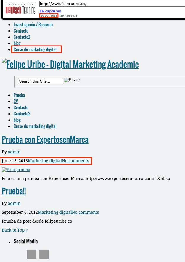 Captura Wayback Machine sitio personal Felipe Uribe 2013 blog Digital Marketing Academic Seology