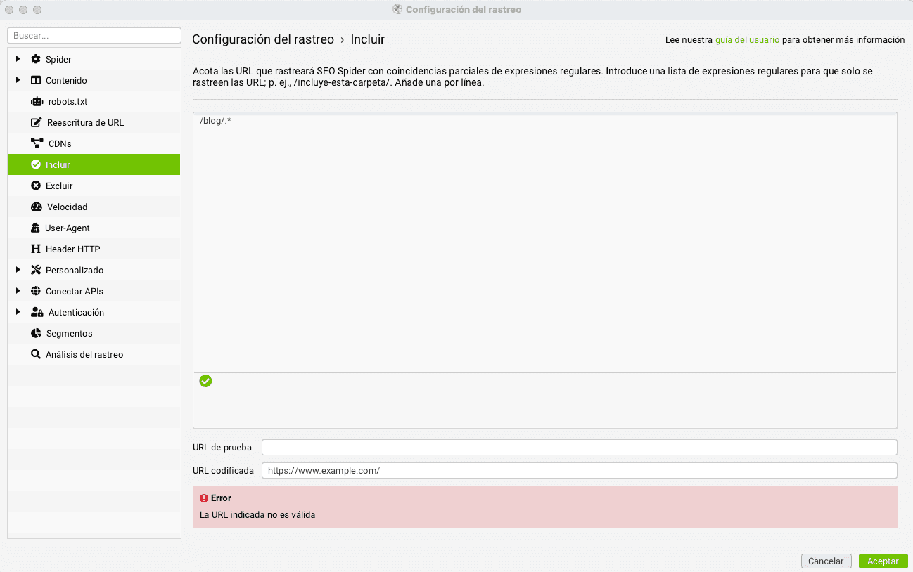 Configuración Incluir carpeta blog en Screaming Frog Seology